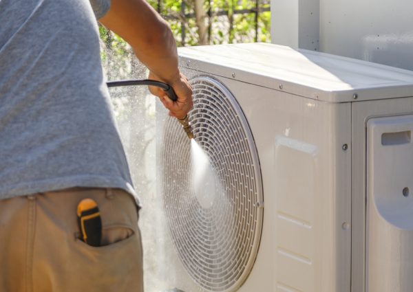 Air,Conditioning,Compressor,Outdoor,Unit,Cleaning,Service,With,Water,Spray Air,Conditioning,Compressor,Outdoor,Unit,Cleaning,Service,With,Water,Spray